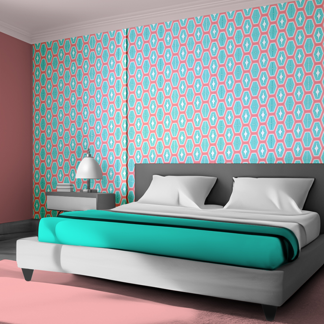 An abstract composition featuring irregular, rounded shapes in vibrant colors. The main colors include bright green, lime green, turquoise, and dark blue, all separated by white, jagged outlines. The shapes overlap and intersect dynamically, forming an energetic and playful pattern. The overall texture has a fabric-like appearance with subtle horizontal and vertical lines running through the colors.